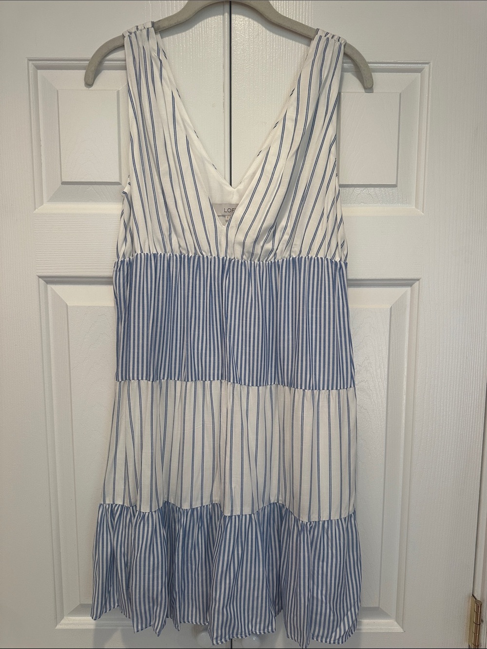 LOFT Blue and White Striped Tiered V‑Neck Dress size Small